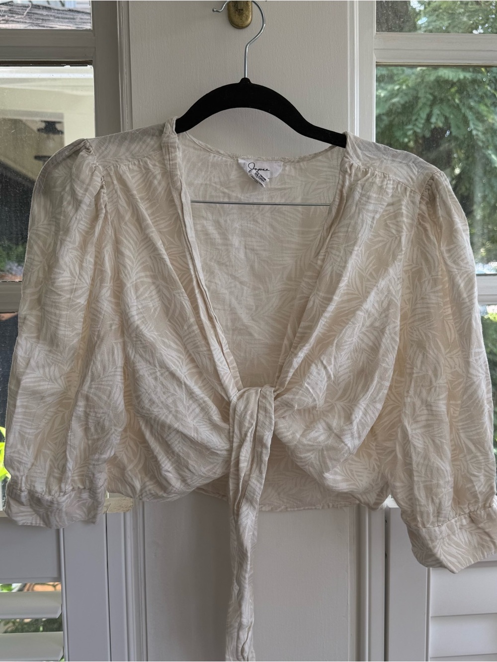 Tie-Front Cream Blouse with Subtle Leaf Texture Medium